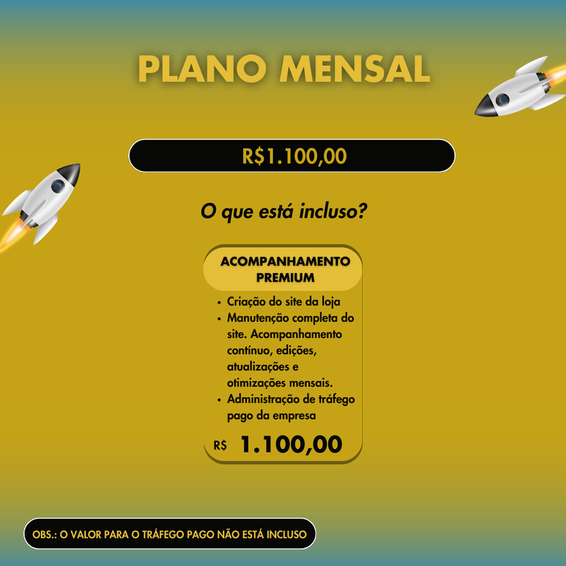Plano mensal básico - Inclui Site + Acompanhamento do Site (R$ 550) + Trafego pago (R$550)